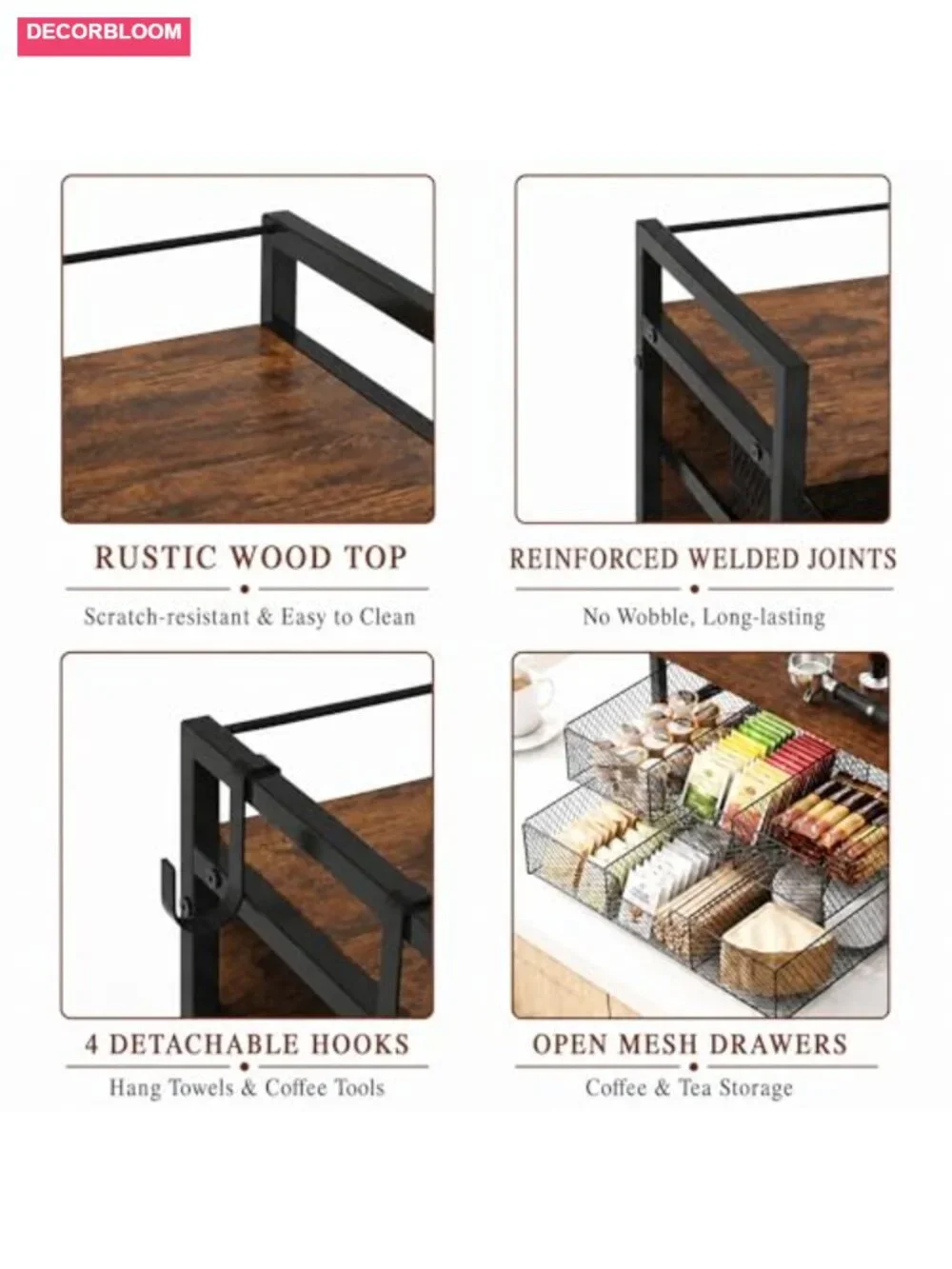 Rustic Brown Coffee Station Organizer with 2 Drawers and Hooks, Holds 36 K
